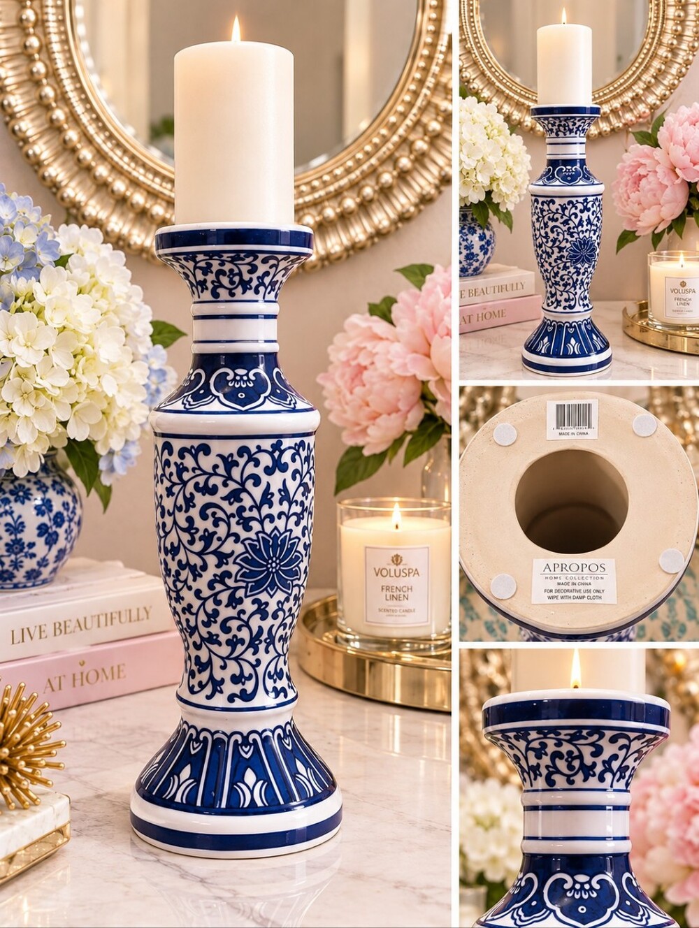 Apropos Blue White Chinoiserie French Country Ceramic Candle Holder 14" - Picture 2 of 5